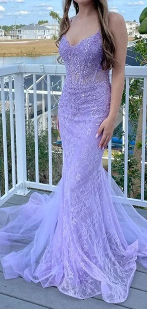 Elegant Spahetti Strap Lavender Applique Mermaid Long Prom Dress Ideas, Evening Party Dresses ,WGP1597