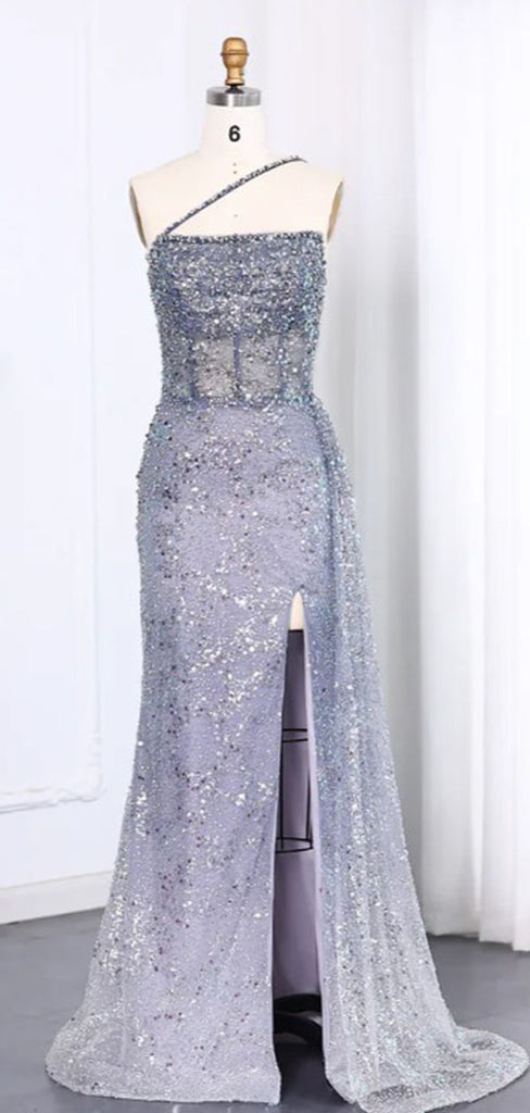 Shiny Blue One-Shoulder Mermaid Side Slit Long Prom Dress Ideas, Evening Party Dresses,WGP1624