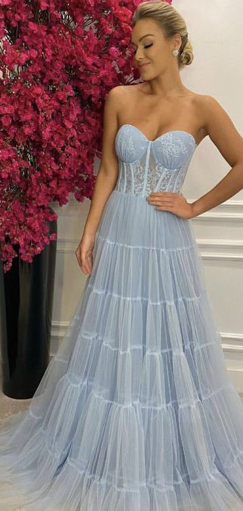 Elegant Blue Sweetheart A-Line Long Prom Dress Ideas, Evening Party Dresses , WGP1592