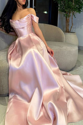 Classy Off-Shoulder Satin Prom Dress A-Line Floor Length Evening Gown,WGP2160