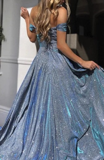 Shiny Blue Off-Shoulder A-Line Long Prom Dress Ideas, Evening Party Dresses,WGP1633