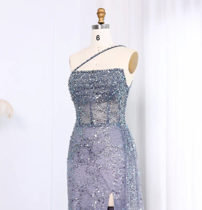 Shiny Blue One-Shoulder Mermaid Side Slit Long Prom Dress Ideas, Evening Party Dresses,WGP1624