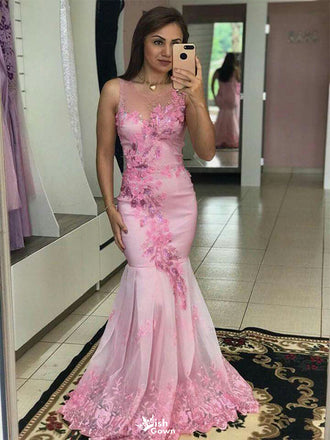 Unique Floral Pink Halter Mermaid Long Prom Dress Ideas, Evening Party Dresses,WGP1881