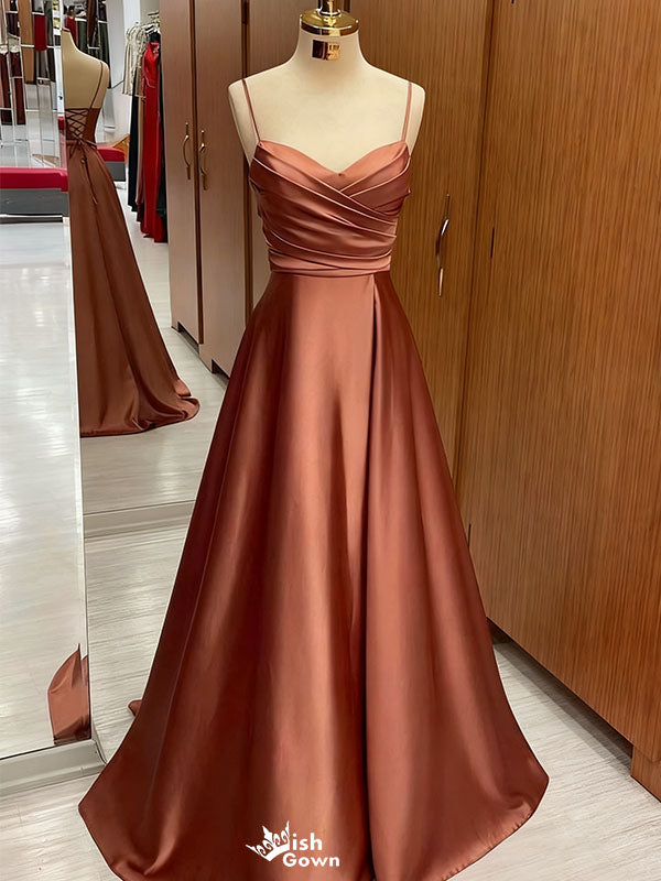 Elegant Brown Spaghetti Strap A-Line Long Prom Dress Ideas, Evening Party Dresses,WGP1607
