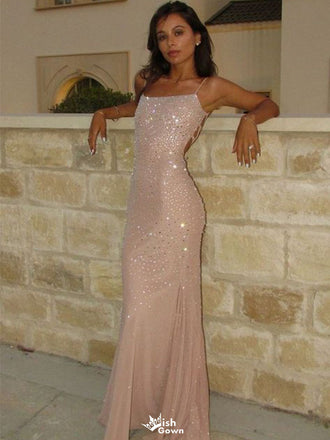 Sexy Pink Sparkly Mermaid Prom Dress Square Neck Sleeveless Sequin Evening Gown,WGP2186