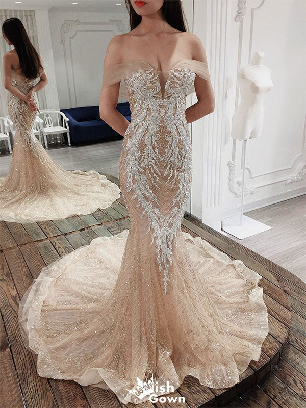 Sexy Champagne Off-Shoulder Mermaid Long Prom Dress Ideas, Evening Party Dresses,WGP1869