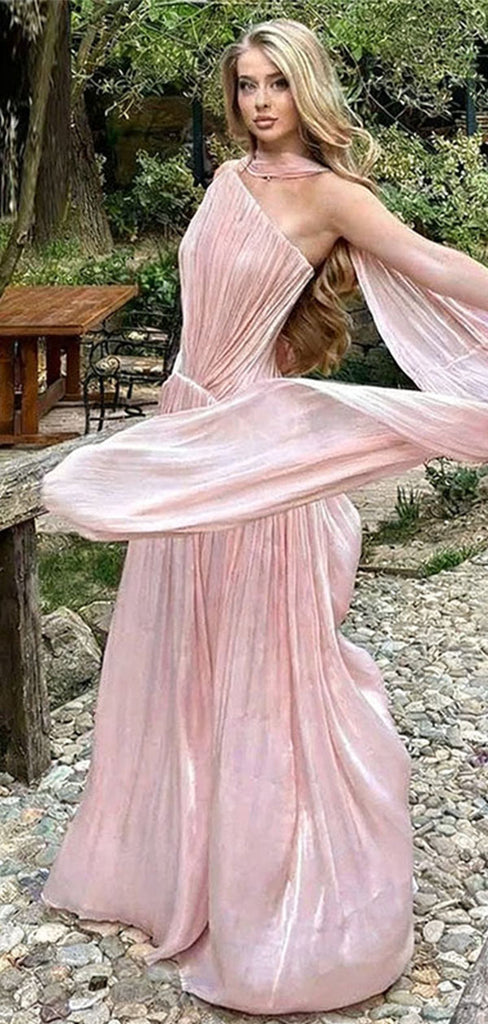 Elegant Pink One-Shoulder A-Line Long Prom Dress Ideas, Evening Party Dresses,WGP1747