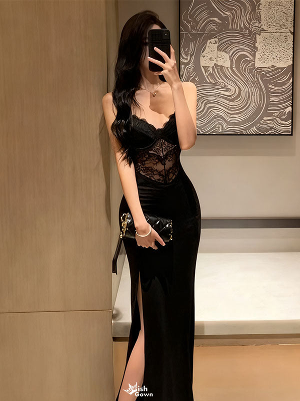 Sexy Black Spaghetti Strap Mermaid Side Slit Lace Long Prom Dress Ideas, Evening Party Dresses , WGP1578