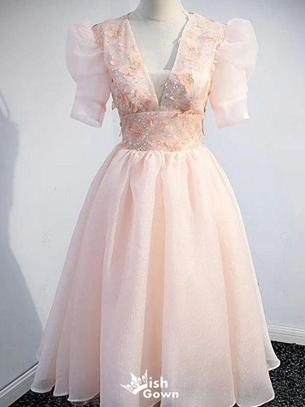 Elegant Short Sleeves V-neck A-line Short Mini Homecoming Dress,EPT621