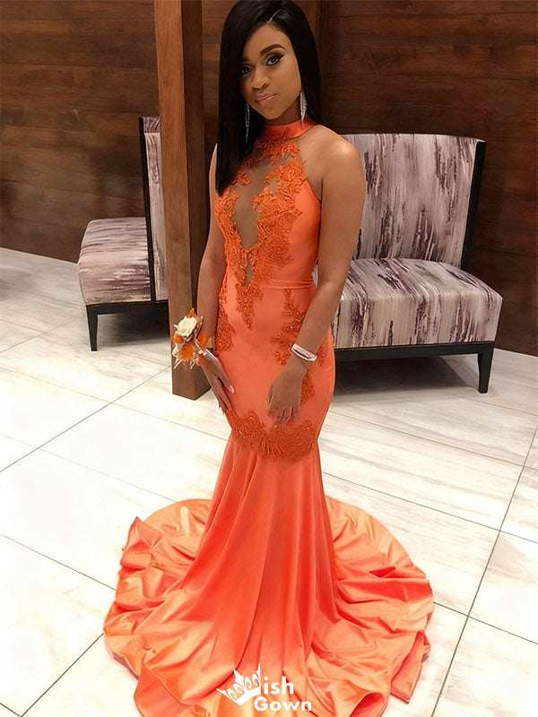 Sexy Orange High Neck Mermaid Long Prom Dress Ideas, Evening Party Dresses,WGP1809