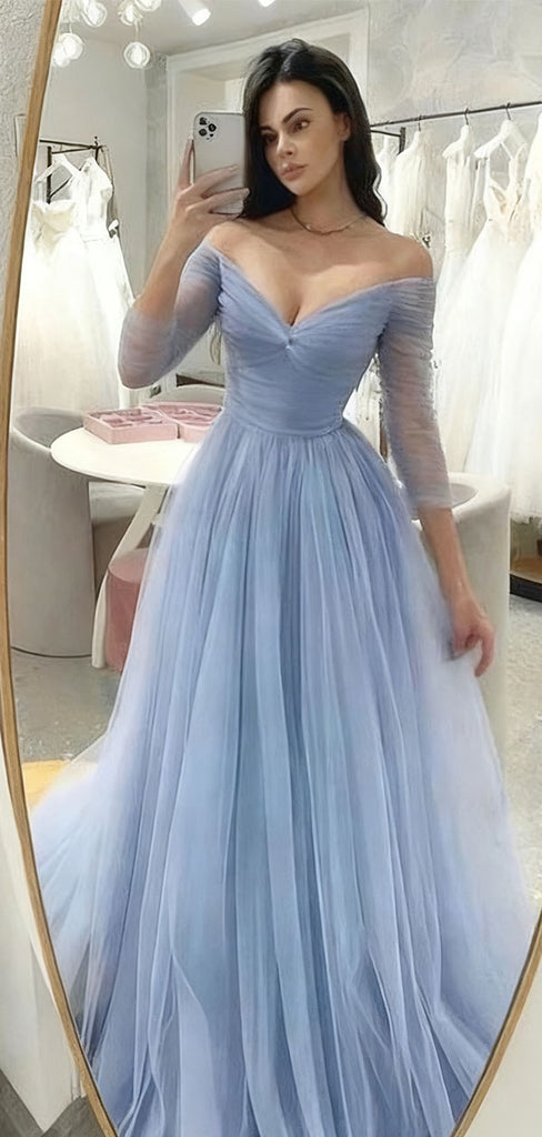 Elegant Blue V-Neck Long Sleeve A-Line Long Prom Dress Ideas, Evening Party Dresses,WGP1660