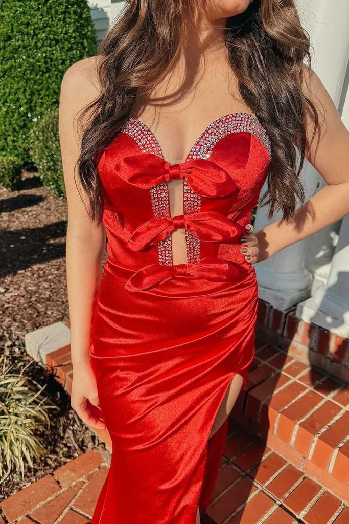 Elegant Red Sweetheart Mermaid Side Slit Long Prom Dress Ideas, Evening Party Dresses, WGP2013