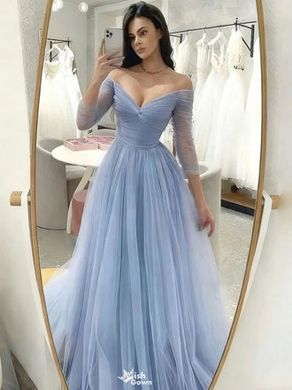 Elegant Blue V-Neck Long Sleeve A-Line Long Prom Dress Ideas, Evening Party Dresses,WGP1660