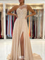 Elegant Champagne One-Shoulder A-Line Long Prom Dress Ideas, Evening Party Dresses,WGP1773