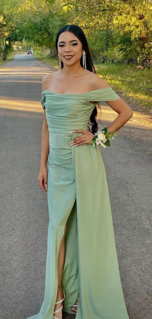 Elegant Green Off-Shoulder Side Slit Long Prom Dress Ideas, Evening Party Dresses,WGP1855