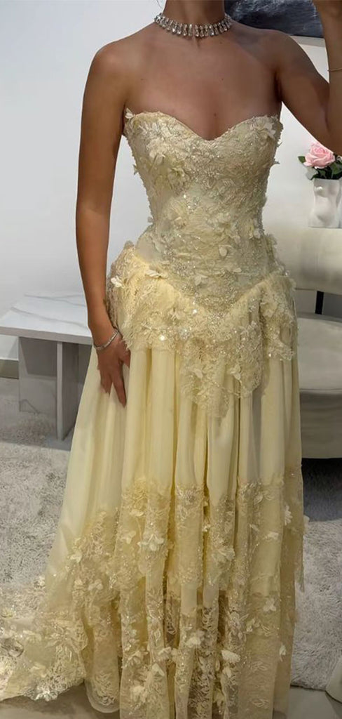 Elegant Yellow Floral Sweetheart A-Line Long Prom Dress Ideas, Evening Party Dresses ,WGP1604