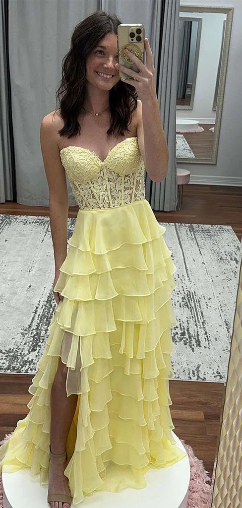 Elegant Yellow Sweetheart Lace Side Slit Long Prom Dress Ideas, Evening Party Dresses , WGP1866