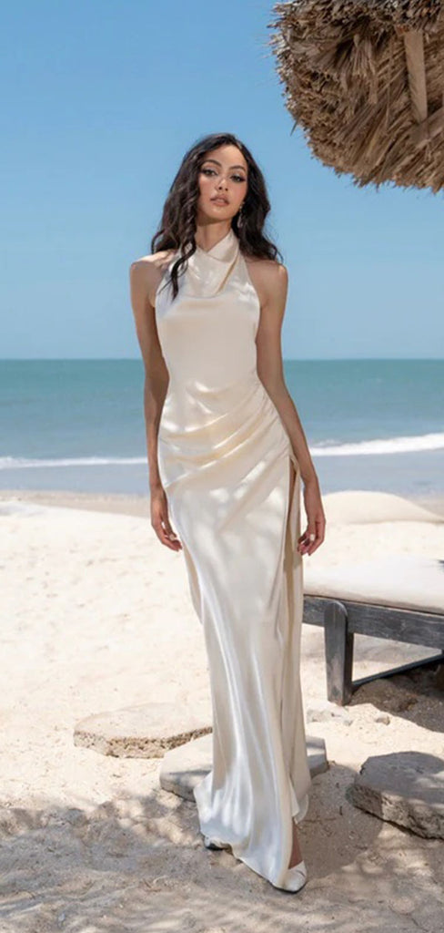 Elegant White High Neck Mermaid Long Prom Dress Ideas, Evening Party Dresses,WGP1774