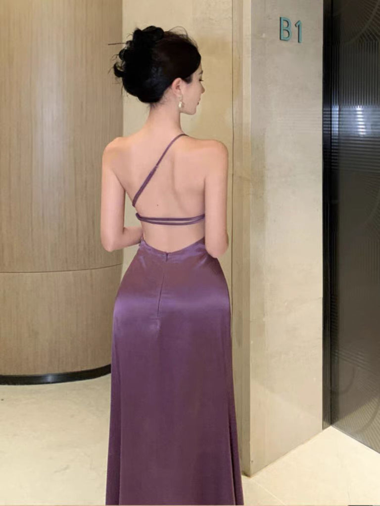 Sexy Purple One-Shoulder Sleeveless Mermaid Side Slit Long Prom Dress Ideas, Evening Party Dresses ,WGP1567