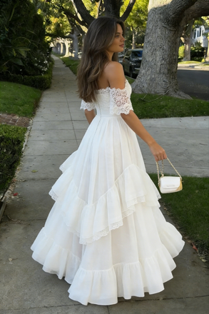Unique White Lace Prom Gown Off-Shoulder Tiered A-Line Evening Dress,WGP2130