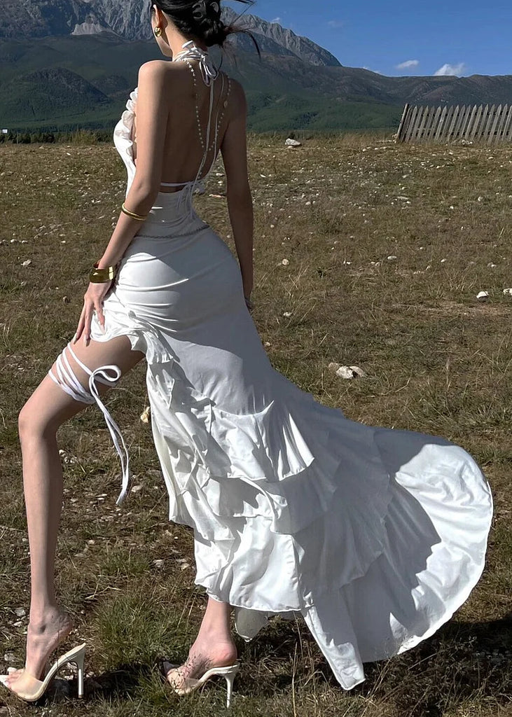 Elegant White V-Neck Mermaid Side Slit Floral Long Prom Dress Ideas, Evening Party Dresses,WGP1703