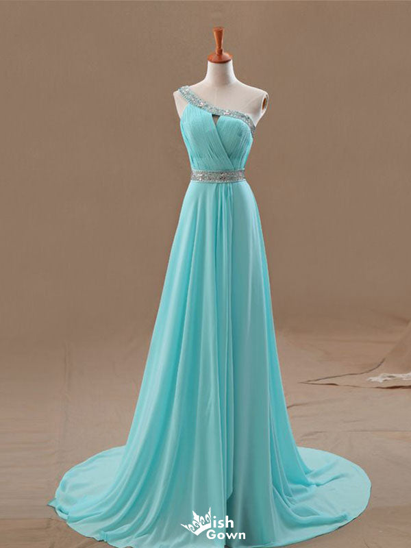 Unique Mint Green One-Shoulder A-Line Long Prom Dress Ideas, Evening Party Dresses,WGP1870