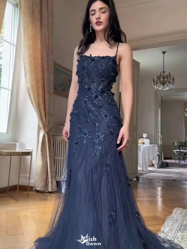 Unique Navy Blue Spaghetti Strap Mermaid Long Prom Dress Ideas, Evening Party Dresses,WGP1634
