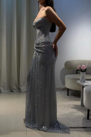 Shiny Silver Sweetheart Mermaid Side Slit Long Prom Dress Ideas, Evening Party Dresses,WGP1876
