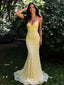 Elegant Yellow Spaghetti Straps V-Neck Memaid Long Prom Dress Ideas, Evening Party Dresses,WGP1857