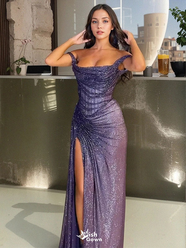 Sexy Purple Off-Shoulder Mermaid Side Slit Long Prom Dress Ideas, Evening Party Dresses ,  WGP1878