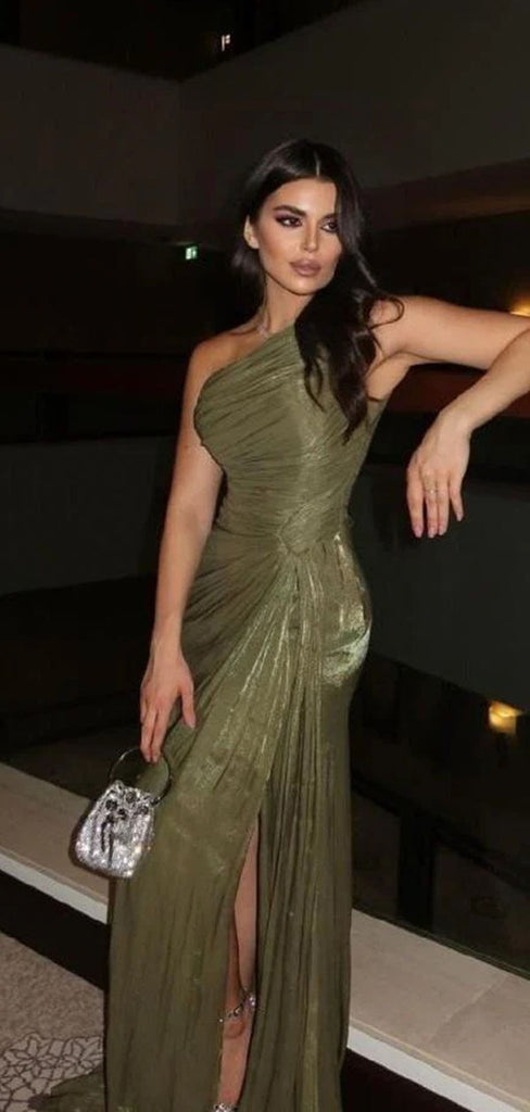 Elegant Green One-Shoulder Mermaid Side Slit Long Prom Dress Ideas, Evening Party Dresses,WGP1609