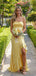 Classy Yellow Satin Strapless Prom Gown Modern Cowl Neck High Slit Corset Party Dress,WGP2094