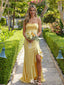 Classy Yellow Satin Strapless Prom Gown Modern Cowl Neck High Slit Corset Party Dress,WGP2094