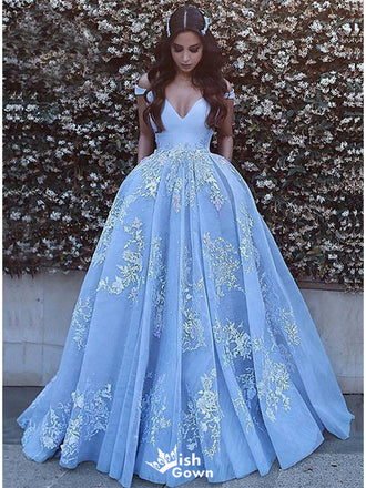 Gorgeous Blue A-Line Off Shoulder V Neck Lace Appliques Long Prom Dresses,Evening Gowns,WGP353