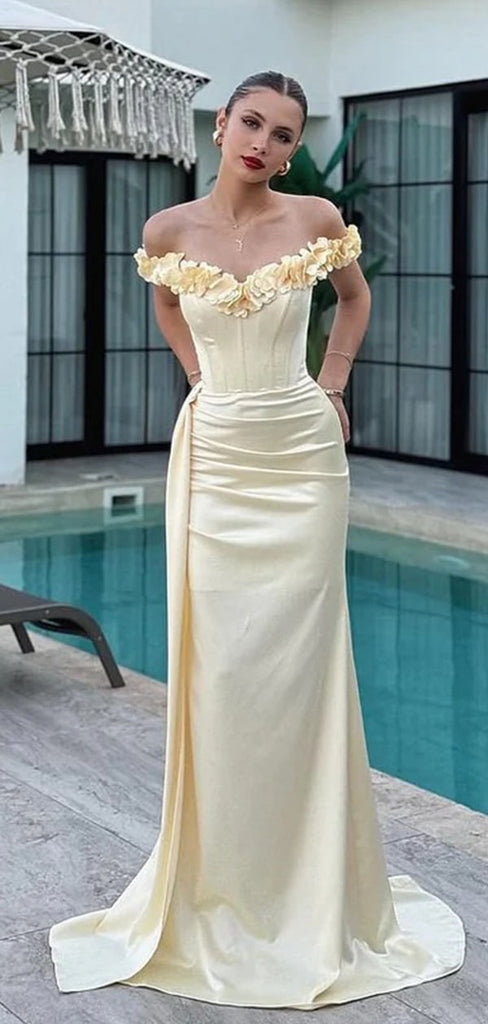 Elegant Yellow Floral Off-Shoulder Mermaid Long Prom Dress Ideas, Evening Party Dresses ,WGP1605