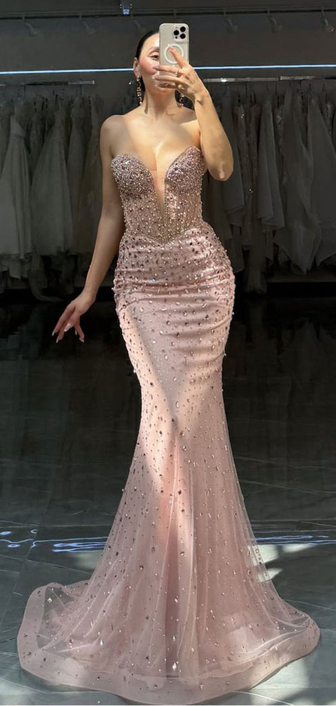 Shiny Pink Sweetheart Sleeveless Mermaid Long Prom Dress Ideas, Evening Party Dresses , WGP1895