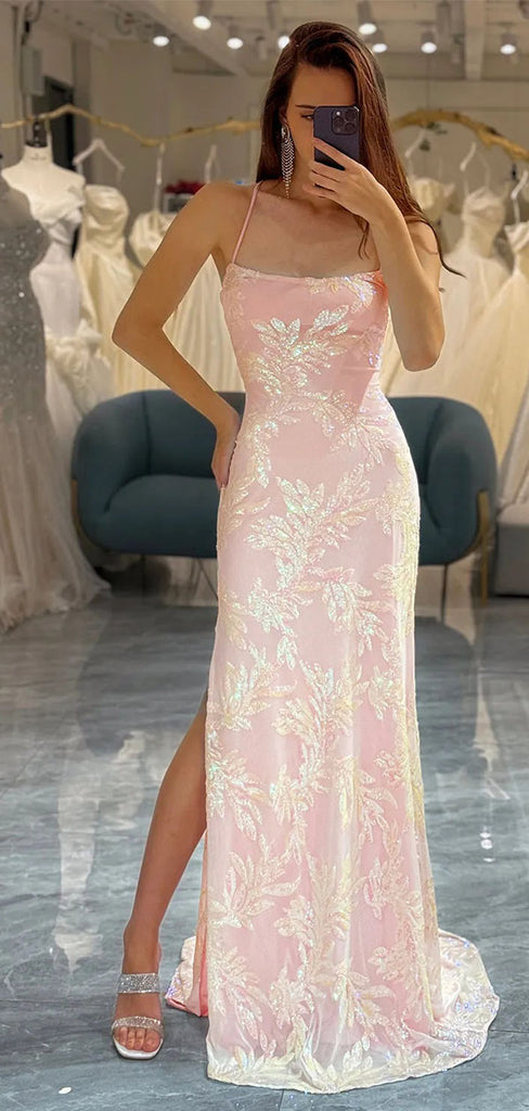 Elegant Pink Spaghetti Strap Sleeveless Mermaid Long Prom Dress Ideas, Evening Party Dresses , WGP1899