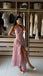Unique Dusty Rose High Neck Pleated Prom Dress Asymmetrical Ruffle Evening Gown,WGP2163