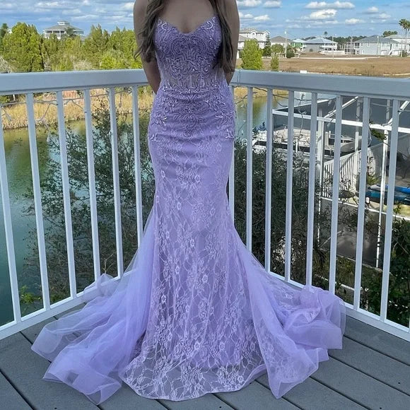 Elegant Spahetti Strap Lavender Applique Mermaid Long Prom Dress Ideas, Evening Party Dresses ,WGP1597