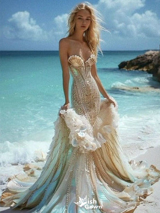 Gorgeous Champagne Sweetheart Mermaid Long Prom Dress Ideas, Evening Party Dresses,WGP1979