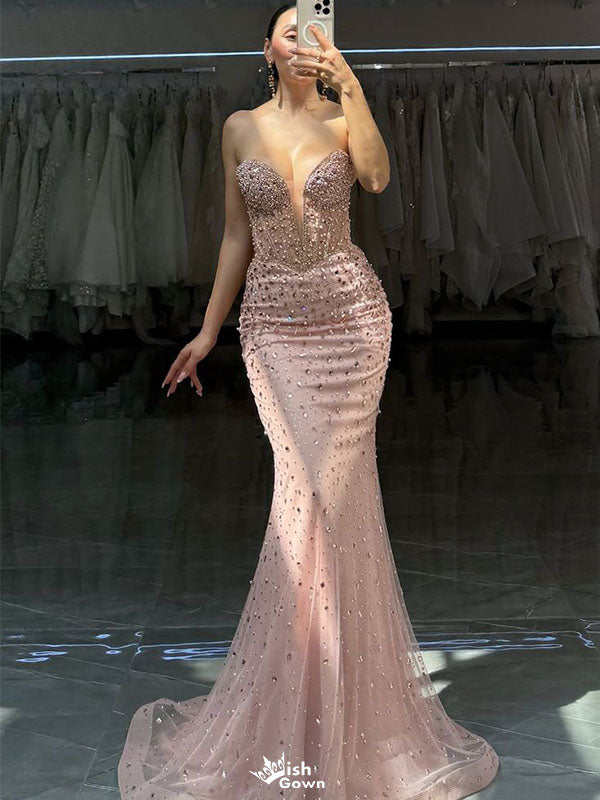 Shiny Pink Sweetheart Sleeveless Mermaid Long Prom Dress Ideas, Evening Party Dresses , WGP1895