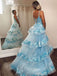 Elegant Baby Blue Spaghetti Strap Lace Long Sleeve Popular Long Evening Dresses, Formal Dresses, Birthday Party, WGP646