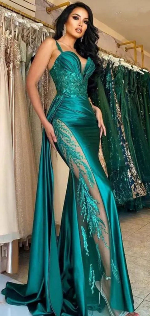 Elegant Green Spaghetti Strap Mermaid Side Slit Long Prom Dress Ideas, Evening Party Dresses ,  WGP1589