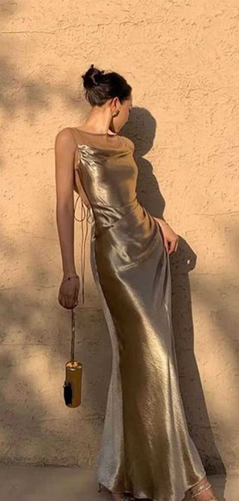 Sexy Gold Spaghetti Strap Mermaid Long Prom Dress Ideas, Evening Party Dresses,WGP1766