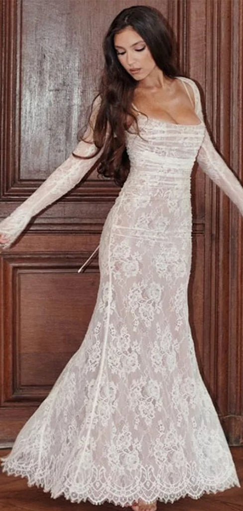 Elegant White Lace Long Sleeve Mermaid Long Prom Dress Ideas, Evening Party Dresses  , WGP1907