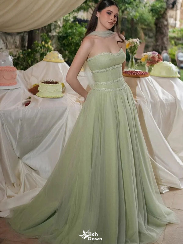 Elegant Green Sweetheart A-Line Long Prom Dress Ideas, Evening Party Dresses,WGP1606