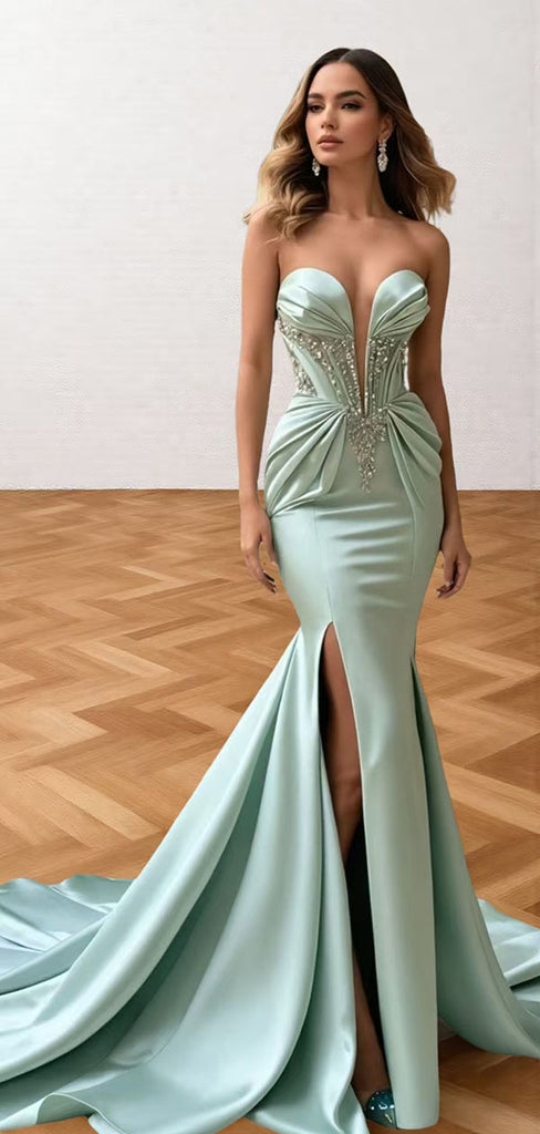 Elegant Green Sweetheart Sleeveless Mermaid Side Slit Long Prom Dress Ideas, Evening Party Dresses , WGP1896