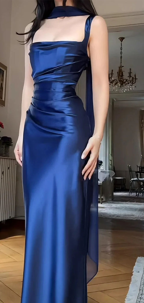 Elegant Navy Blue Spaghetti Strap Mermaid Long Prom Dress Ideas, Evening Party Dresses,WGP1930