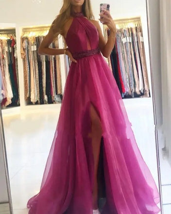Sexy Pink High-Neck A-Line Side Slit Long Prom Dress Ideas, Evening Party Dresses,WGP1645