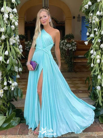 Elegant Blue One-Shoulder Mermaid Side Slit Long Prom Dress Ideas, Evening Party Dresses,WGP1831
